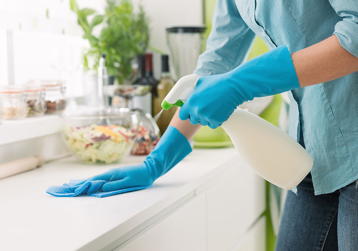 A woman cleaning a kitchen counter.
