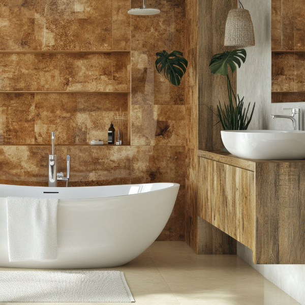 Modern bathroom with clean white bathtub, wood accents, and brown tiled walls — representing professional bathroom deep cleaning in San Diego.