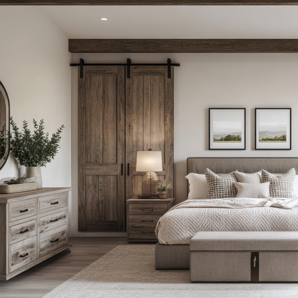 Modern rustic bedroom with cozy bedding, wooden furniture, and soft natural lighting — representing bedroom deep cleaning in San Diego.