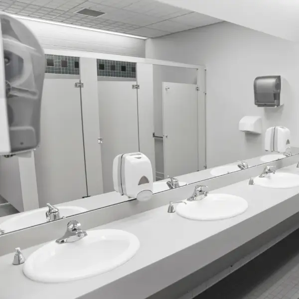 A spotless office restroom with clean sinks and mirrors after professional cleaning service in San Diego.