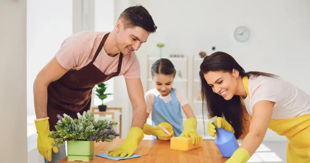 Happy family cleaning and disinfecting their new home together before moving in San Diego.