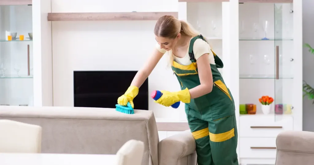 Professional cleaner scrubbing a sofa during a deep home cleaning in San Diego.