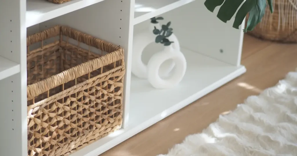 Neatly organized storage shelf with wicker basket and decor, symbolizing clean and well-maintained storage space.