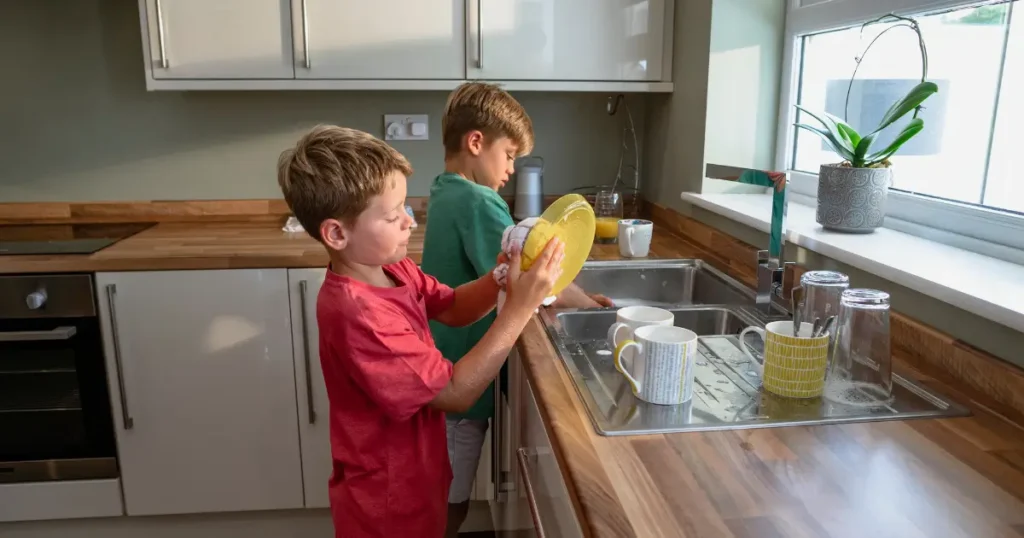 Children washing dishes together to learn responsibility through household chores.