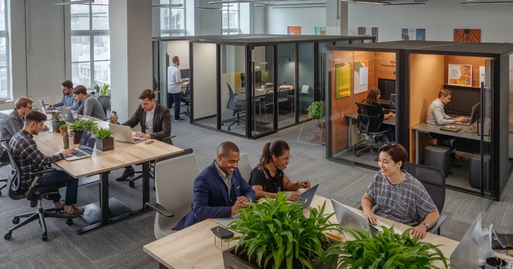 Employees working together in a clean and organized office environment