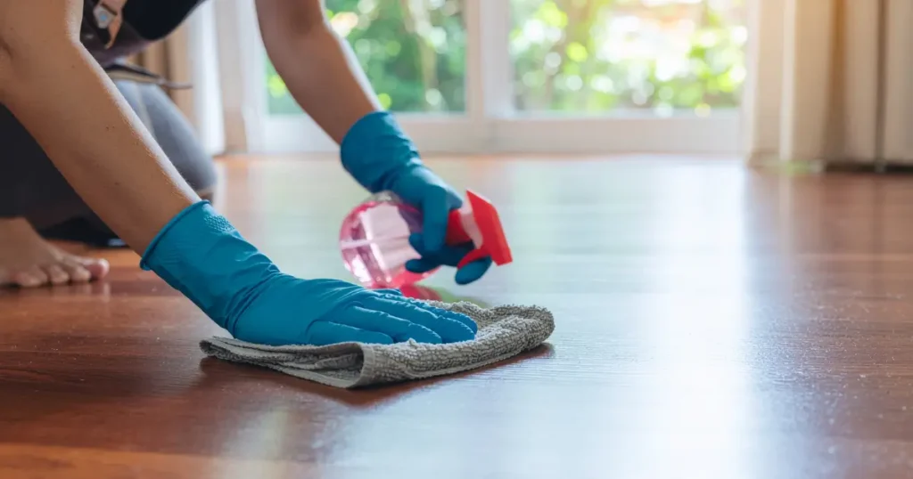 Person cleaning hardwood floors with a microfiber cloth and spray bottle, demonstrating proper hardwood floor cleaning techniques.
