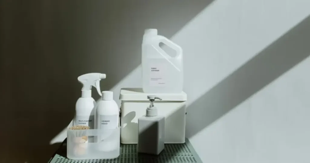 Minimalist cleaning products arranged on a counter in natural sunlight