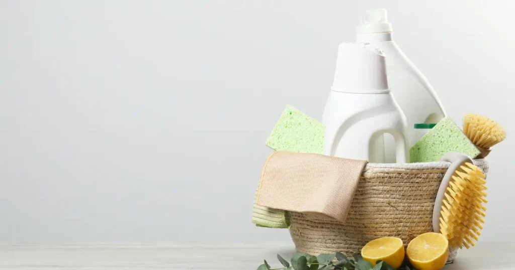 A basket filled with natural cleaning supplies including sponges, brushes, lemons, and reusable bottles for homemade cleaning recipes.