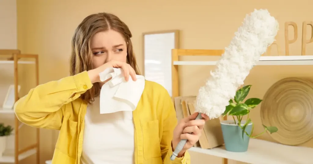 Woman cleaning dust while managing allergy symptoms at home