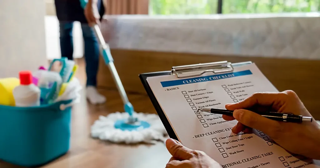 Using a living room cleaning checklist while mopping floors and organizing cleaning supplies