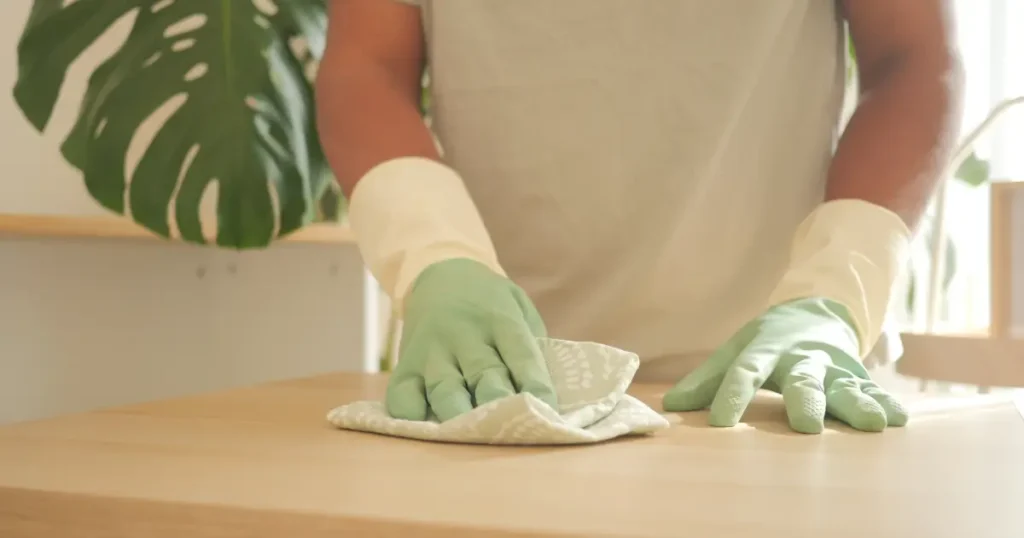 Person wearing protective gloves while wiping a table to protect sensitive skin during housework