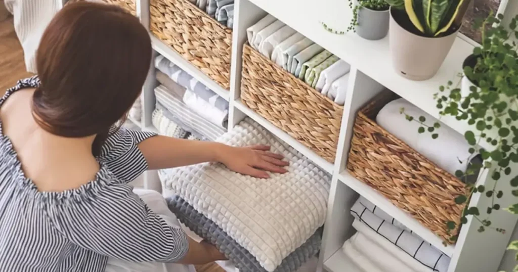 Woman organizing neatly folded linens and baskets on a white shelving unit as part of space-saving storage ideas
