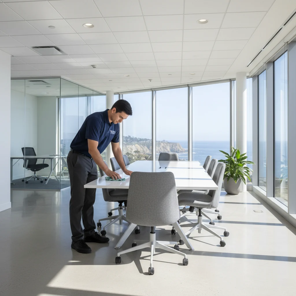 A professional, uniformed cleaning technician from Comfort Cleaning Services meticulously cleaning a modern, high-end commercial office in La Jolla. The space features large windows with a glimpse of the Pacific coastline, minimalist furniture, and polished surfaces. The technician is wearing a clean, branded navy blue polo shirt. The lighting is bright and natural, showing a spotless, organized environment. No watermarks, no blurry areas, high resolution, realistic style.