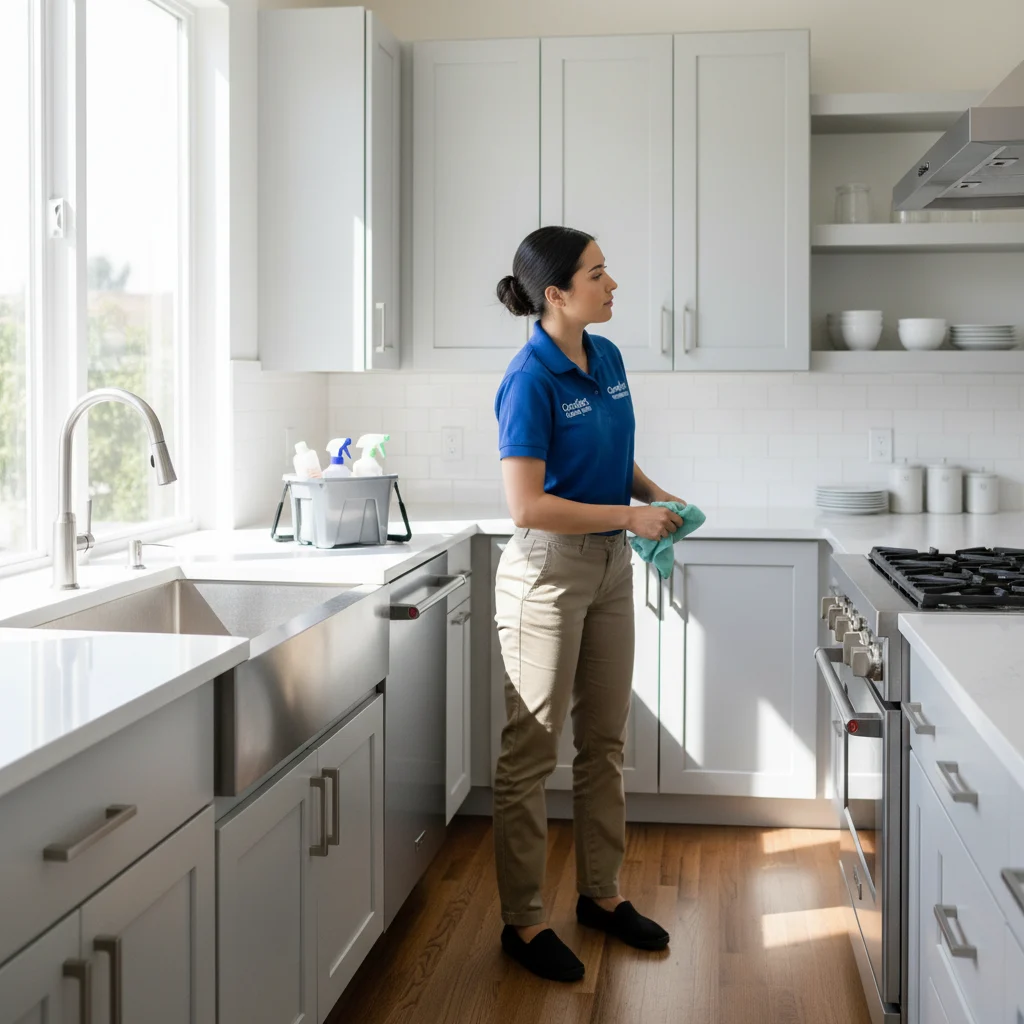 A professional house cleaner wearing a neat, branded Comfort Cleaning Services uniform is deep cleaning a modern Mission Valley kitchen. The cleaner is focused on wiping down high-end cabinetry. The room is bright with natural light, showcasing a spotless and organized environment. High-quality photography, no watermarks, no blur.