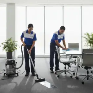 A professional cleaning team from Comforts Cleaning Services, wearing matching branded uniforms, cleaning a modern El Cajon office. One person is using a professional vacuum on a clean carpet, while another is carefully wiping down a large glass conference table in a bright, sunlit room. The scene is tidy, professional, and high-quality, with no text or watermarks.