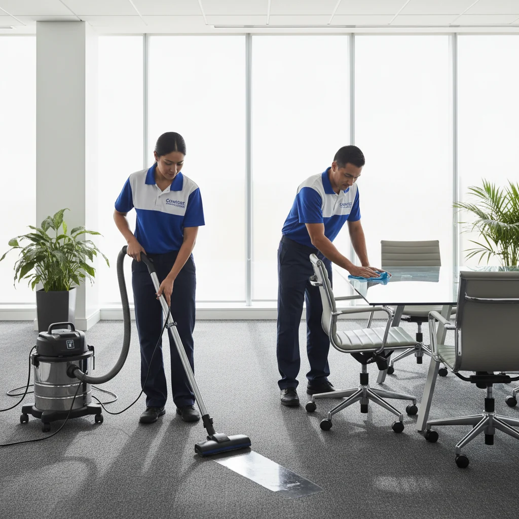 A professional cleaning team from Comfort Cleaning Services, wearing matching branded uniforms, cleaning a modern El Cajon office. One person is using a professional vacuum on a clean carpet, while another is carefully wiping down a large glass conference table in a bright, sunlit room. The scene is tidy, professional, and high-quality, with no text or watermarks.