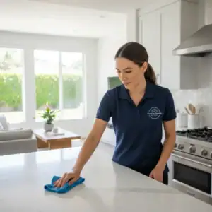 A professional female cleaner in a neat navy blue polo uniform with the Comforts Cleaning Services logo, cleaning a modern, sunlit kitchen in a Chula Vista home. She is wiping down a clean marble countertop with a microfiber cloth. The background is a bright, organized living space with large windows. No stock watermarks, no text overlays, no blurry photos, no messy after shots, sharp focus, natural lighting.