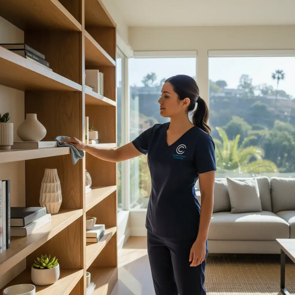 A professional female house cleaner in a neat navy blue uniform with a company logo, carefully dusting a clean, modern wooden bookshelf in a sunlit Clairemont living room. The room is tidy, with large windows showing a glimpse of San Diego greenery. Realistic, high-quality photography, no watermarks, no text.