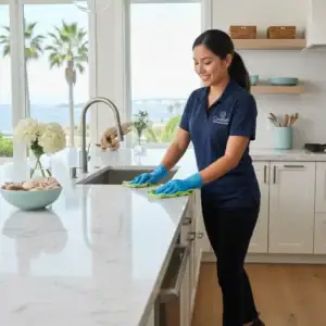 A professional, uniformed female cleaner from Comforts Cleaning Services with a neat polo shirt, smiling while cleaning a modern, bright Coronado kitchen with white marble countertops and coastal decor. The image is high-resolution, realistic, with no watermarks or text overlays.