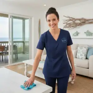 A professional house cleaner in a neat blue uniform with a subtle company logo, smiling while dusting a bright, modern living room in an Imperial Beach home. The room features coastal decor and large windows with soft natural light. No watermarks, high resolution, professional photography.