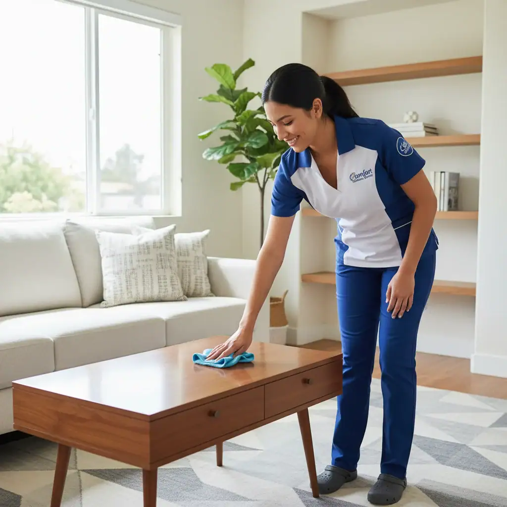 A professional female cleaner in a neat Comforts Cleaning Services uniform, smiling while dusting a modern La Mesa living room. The room is bright and airy with natural light coming through a window. The cleaner is using a microfiber cloth on a wooden coffee table. No stock watermarks, high resolution, realistic setting, no clutter.