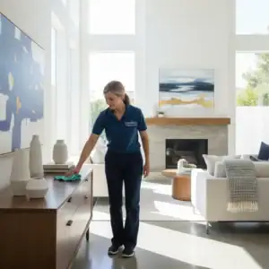 A professional, uniformed female cleaner from Comforts Cleaning Services using a high-quality microfiber cloth to dust a modern, sunlit living room in a Sorrento Valley home. The setting is bright and airy with clean lines and a tidy atmosphere. The cleaner is wearing a neat blue polo shirt with a professional logo. High-resolution photography, natural lighting, no watermarks, no text.