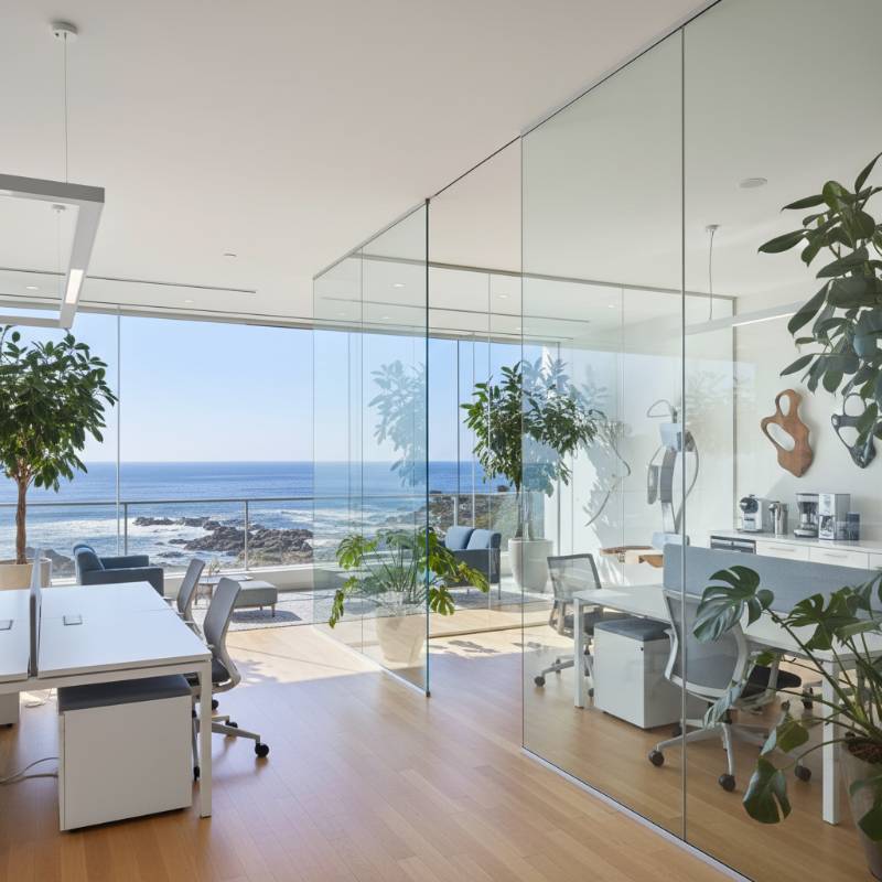 A modern, sunlit office space in La Jolla with large windows, glass partitions, and polished hardwood floors.