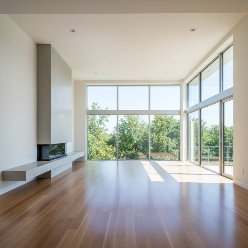 A bright, empty modern living room with polished hardwood floors and large windows letting in natural light.