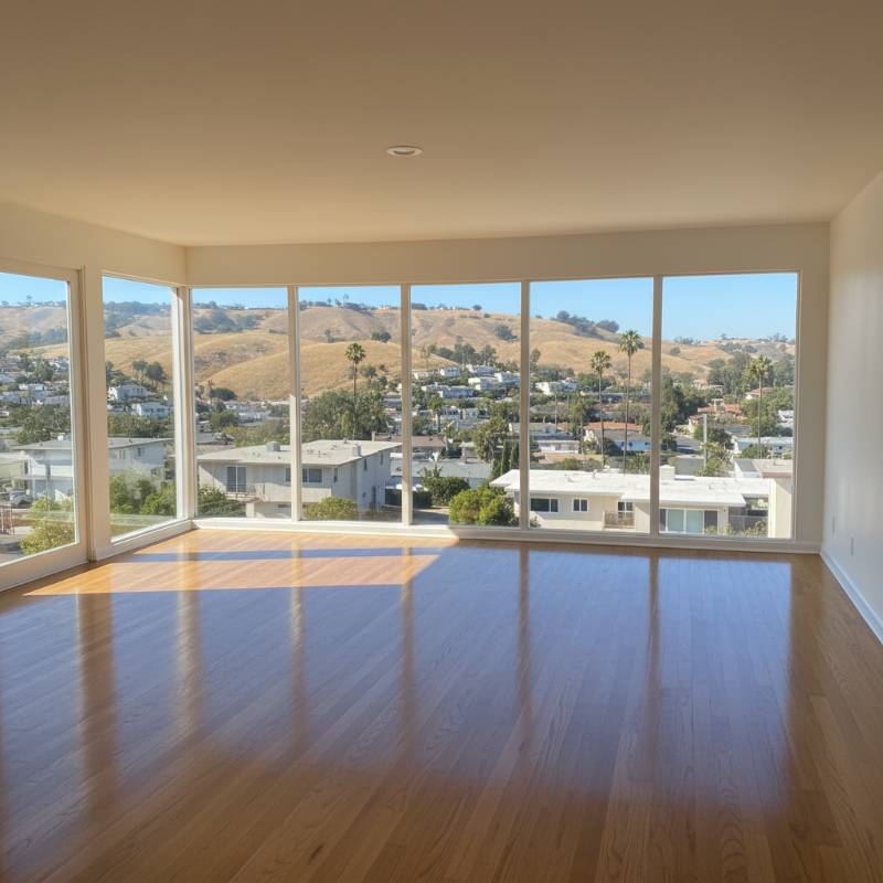 A bright, empty living room with polished hardwood floors and large windows showing a Clairemont neighborhood