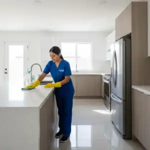 A woman in blue scrubs cleans a modern kitchen countertop—Home Cleaning San Diego, CA for sparkling results.