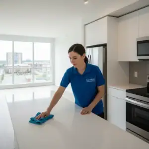 A woman in a blue shirt cleans a kitchen counter, highlighting Home Cleaning San Diego, CA services.